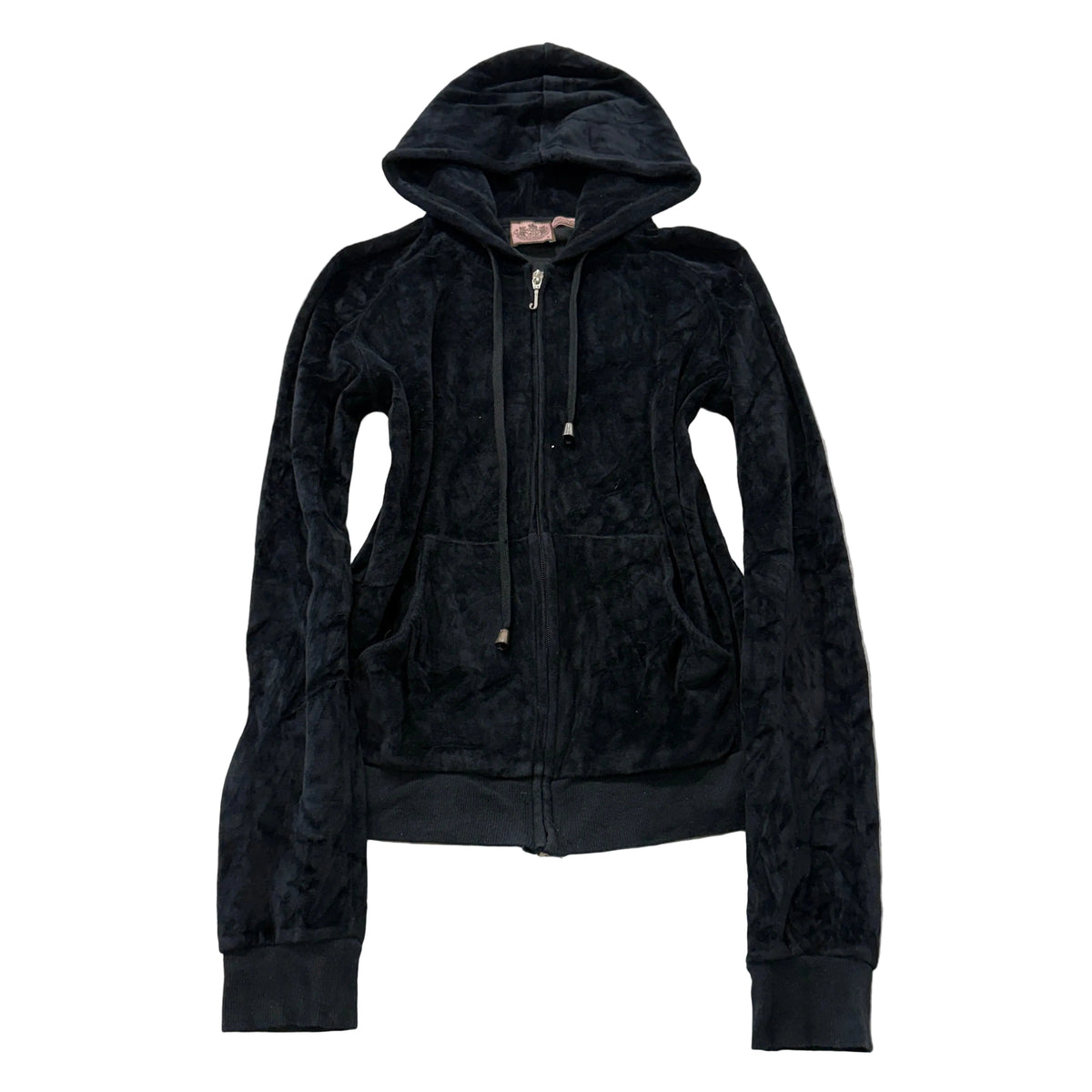Juicy Couture Women Black Velour Zip-Up Hoodie Drawstring Pockets Classic Size M