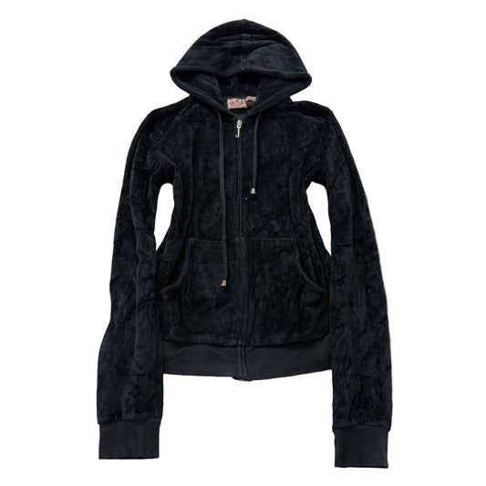 Juicy Couture Women Black Velour Zip-Up Hoodie Drawstring Pockets Classic Size M