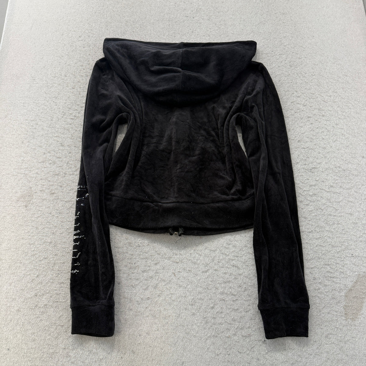 Playboy Women's Black Velour Cropped Zip Up Hoodie Rhinestone Logo Y2K Size M