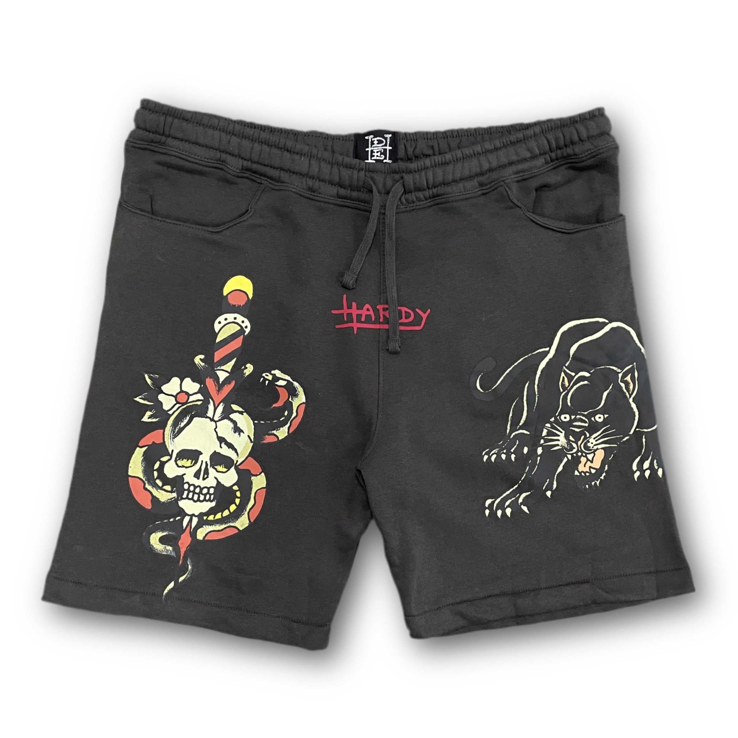 ED HARDY “Panther Skull” CHARCOAL FLEECE SHORTS