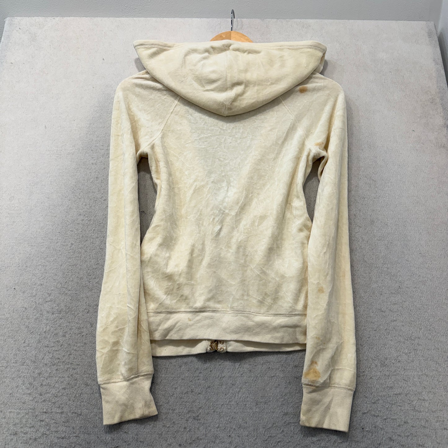 Juicy Couture Women's Cream Velour Zip-Up Hoodie Pockets Gold Chain Trim Size P