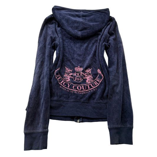 Vintage Juicy Couture Women's Navy Blue Velour Full Zip Hoodie Pockets Size L