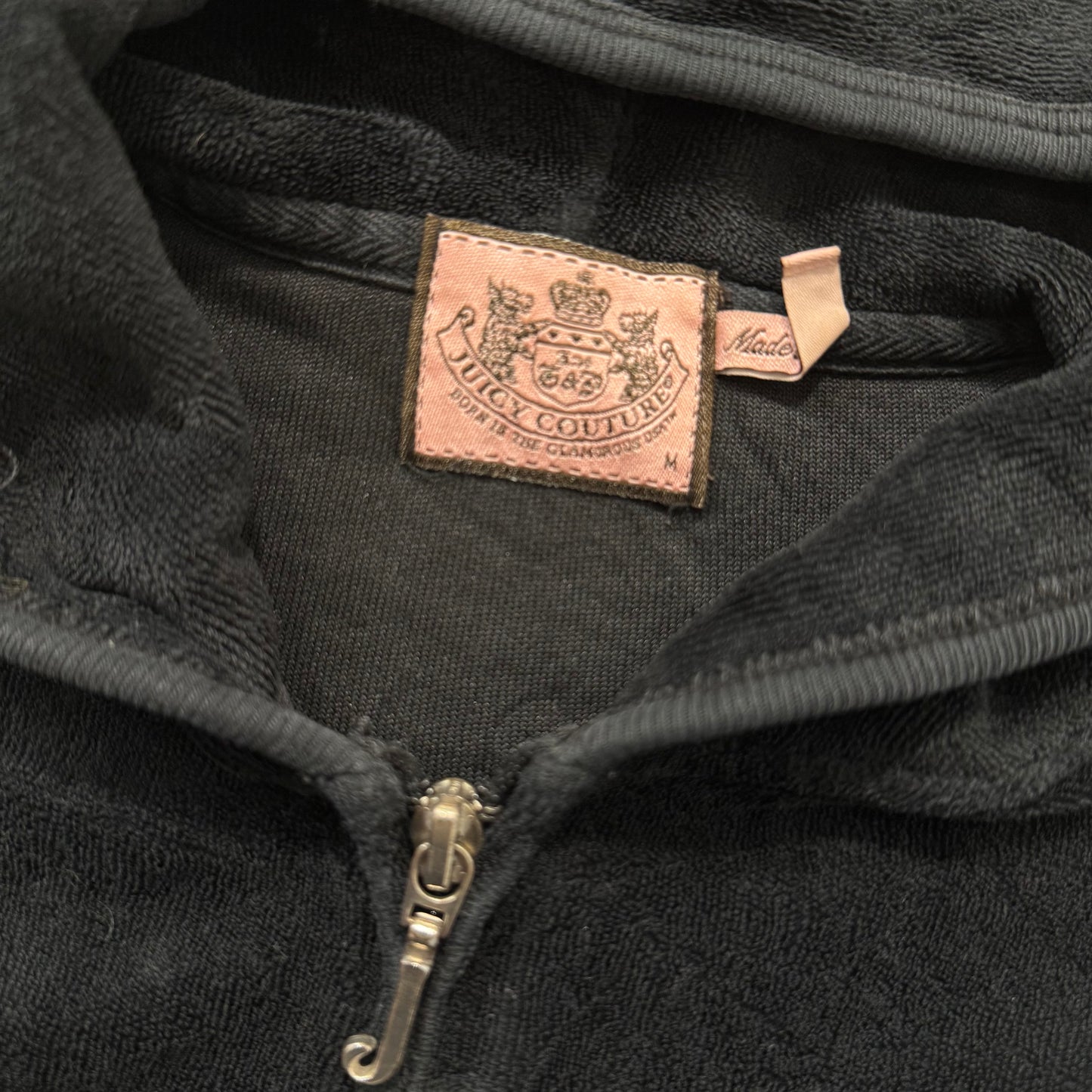 Juicy Couture Womens Black Terrycloth Zip Up Hoodie Split Kangaroo Pocket Size M