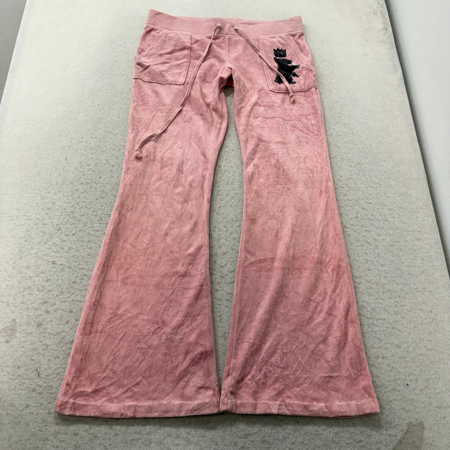 Juicy Couture Women's Pink Velour Flared Leg Track Pants Pockets Dog Logo Size S