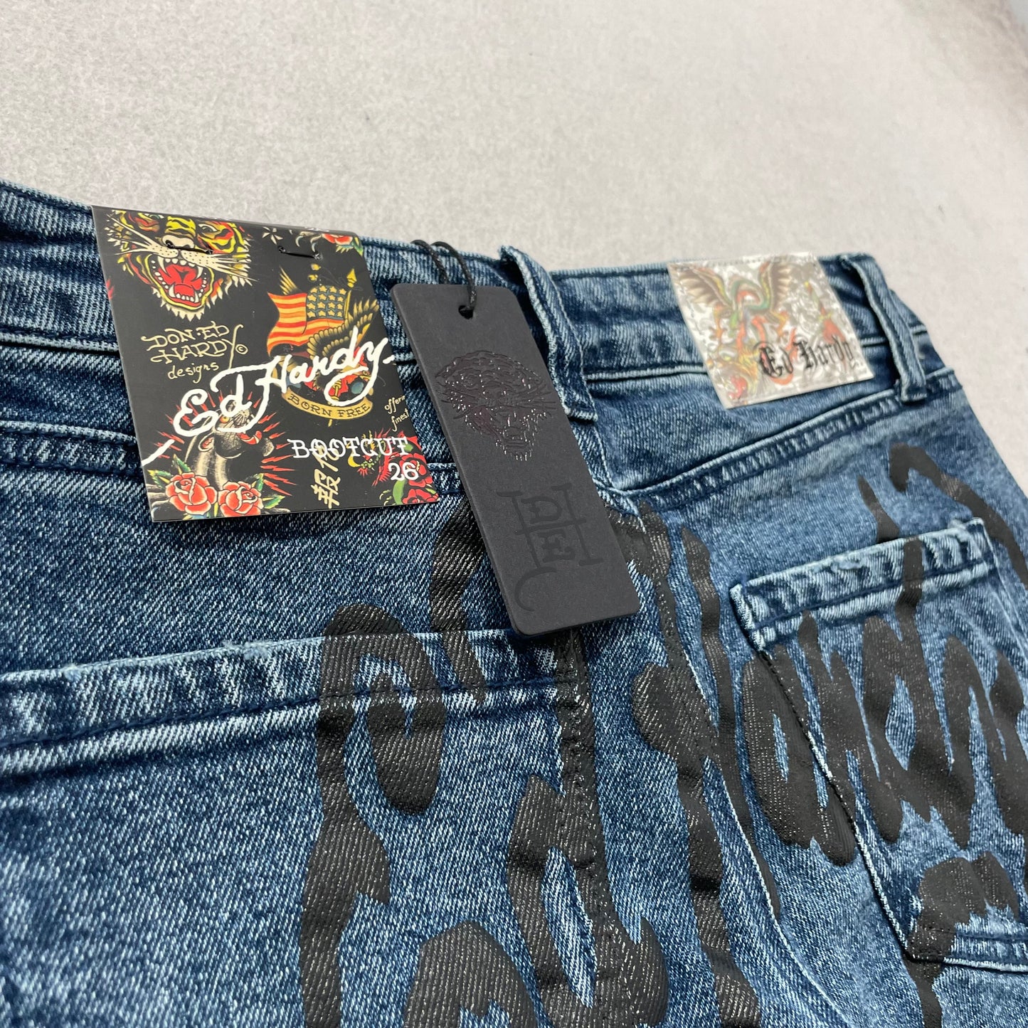 Ed Hardy Women's Blue Tiger Flame Graphic Flare Denim Jeans Y2K Tattoo Print