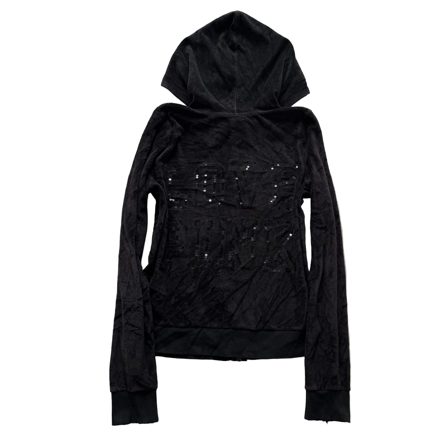 Victoria's Secret PINK Women's Black Velour Zip-Up Hoodie Sequin Logo Size M