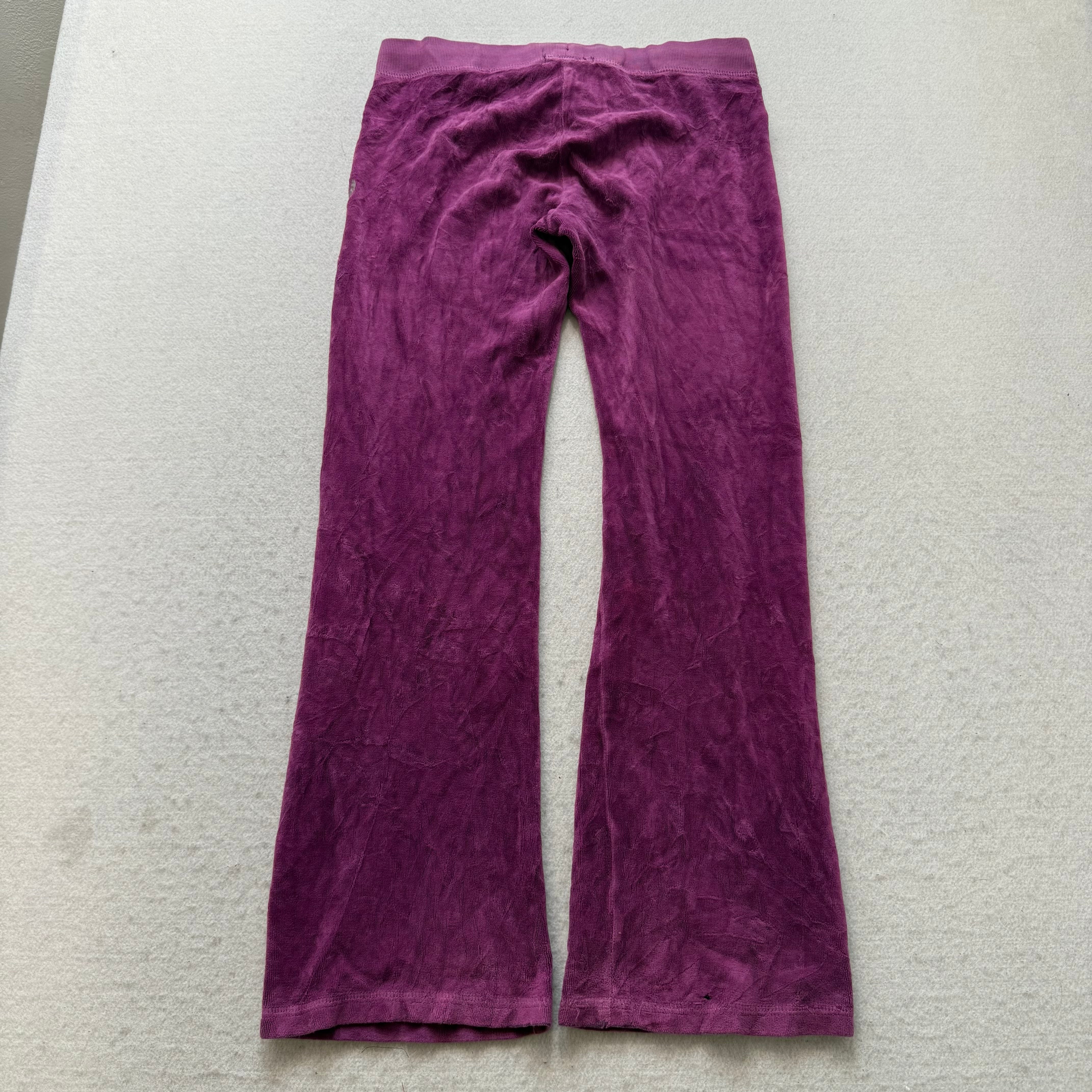 Juicy Couture Women's Deep Purple Velour Flare Track Pant Rhinestone Logo Size 7