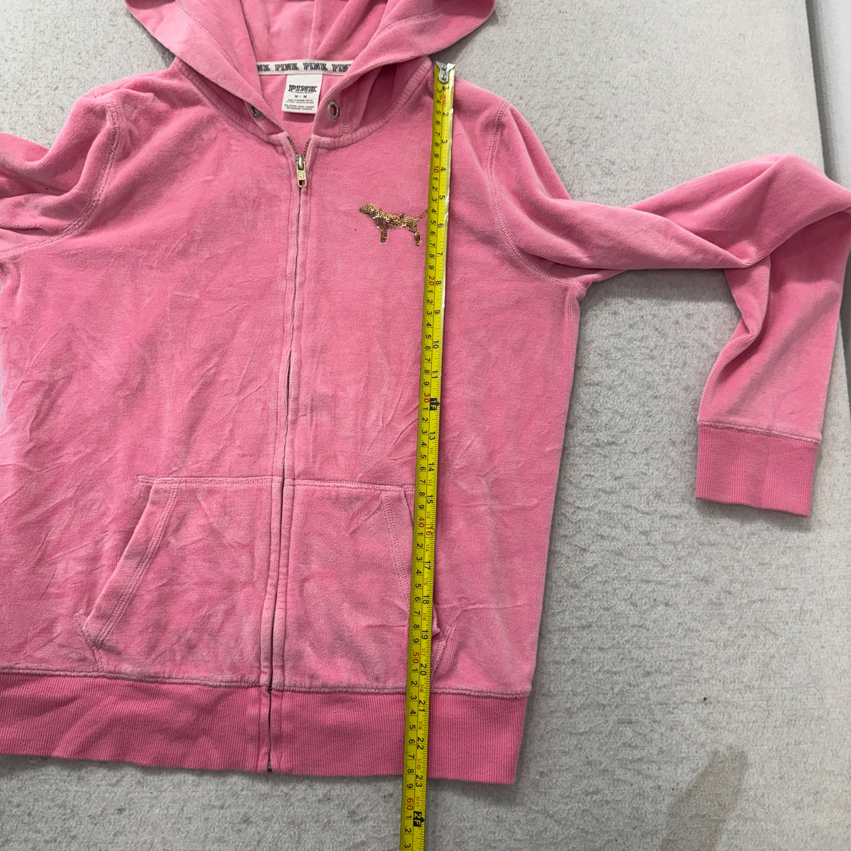 Juicy Couture Women's Pink Velour Zip-Up Hoodie Loungewear Sequin Logo Size M