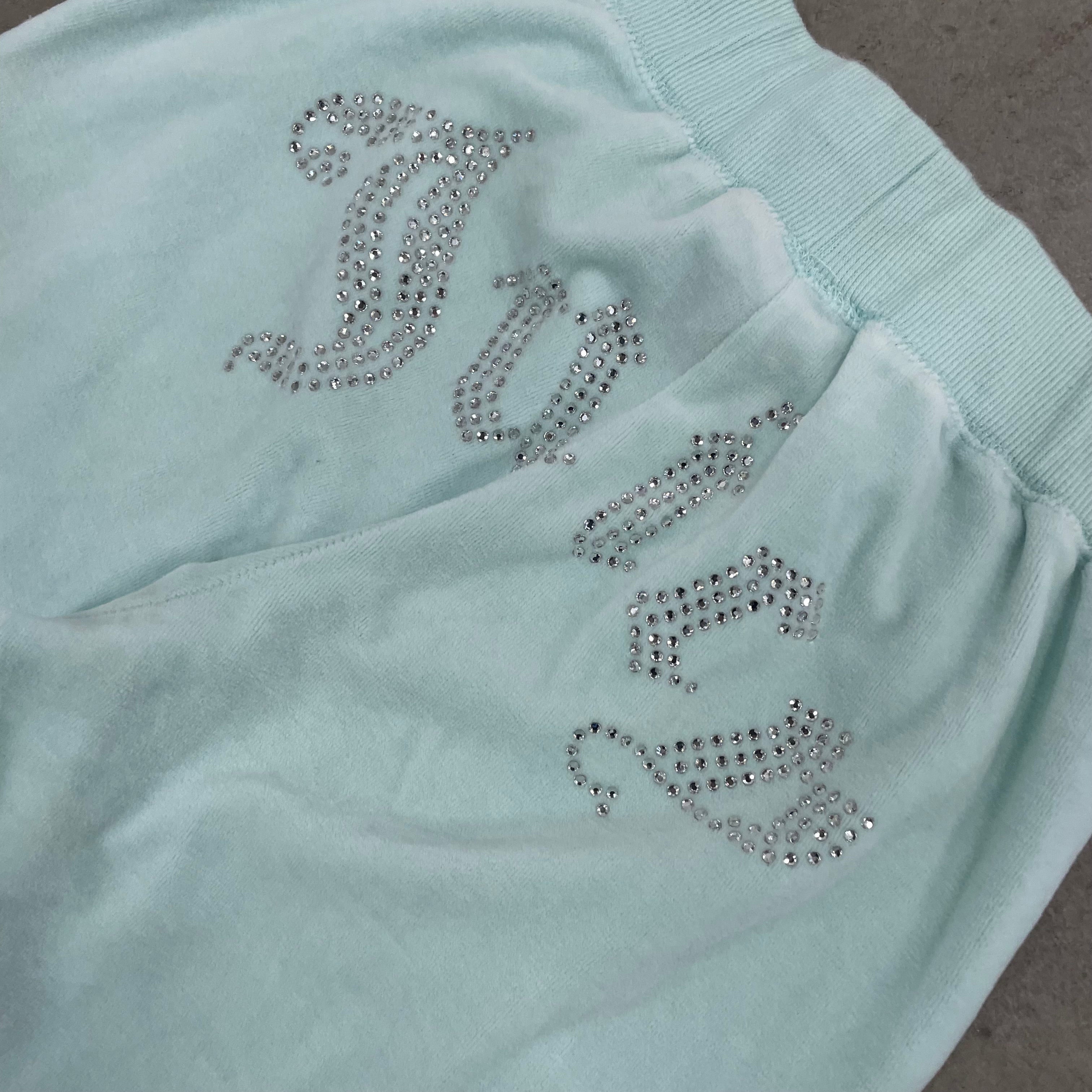 Light Blue Velour Juicy Couture X Forever 21 Flared Pants w/ RHINESTONE DESIGN SIZE XS
