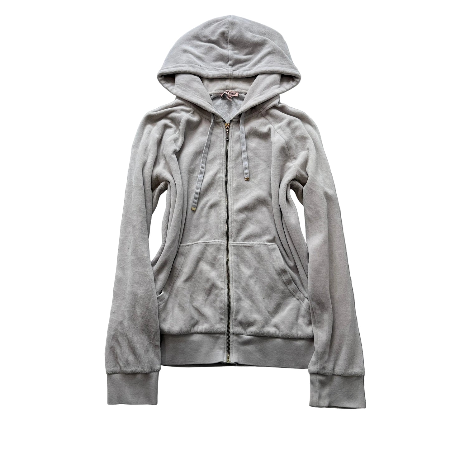 Juicy Couture Women's Grey Velour Zip-Up Hoodie Drawstring Pockets Metal Size L
