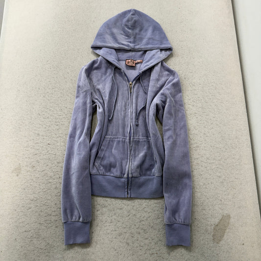 Vintage Juicy Couture Womens Slate Gray Velour Zip-Up Hoodie Back Graphic Size S