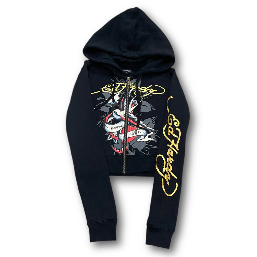 ED HARDY “Swallow Birds ” BLACK CROPPED ZIP UP HOODIE