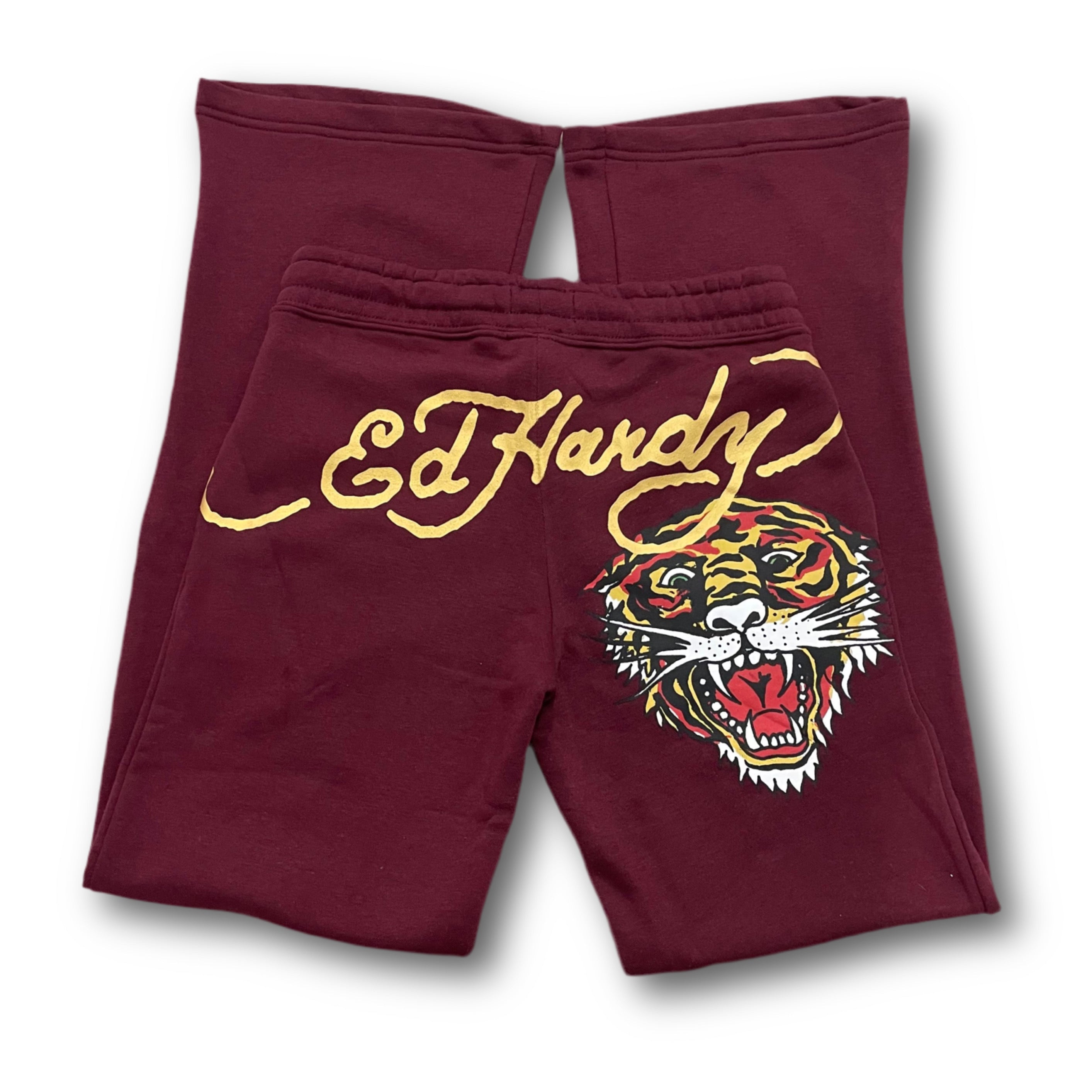 ED HARDY “Retro Tiger” BURGUNDY FLARED PANTS