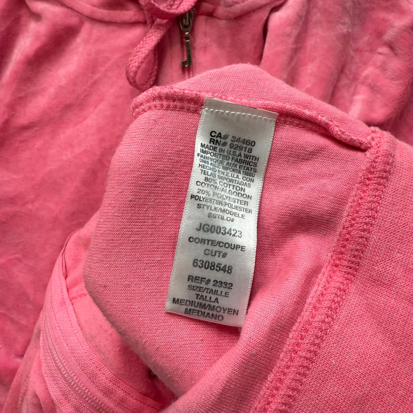 Juicy Couture Women's Pink Velour Zip-Up Hoodie Split Kangaroo Pockets Size M