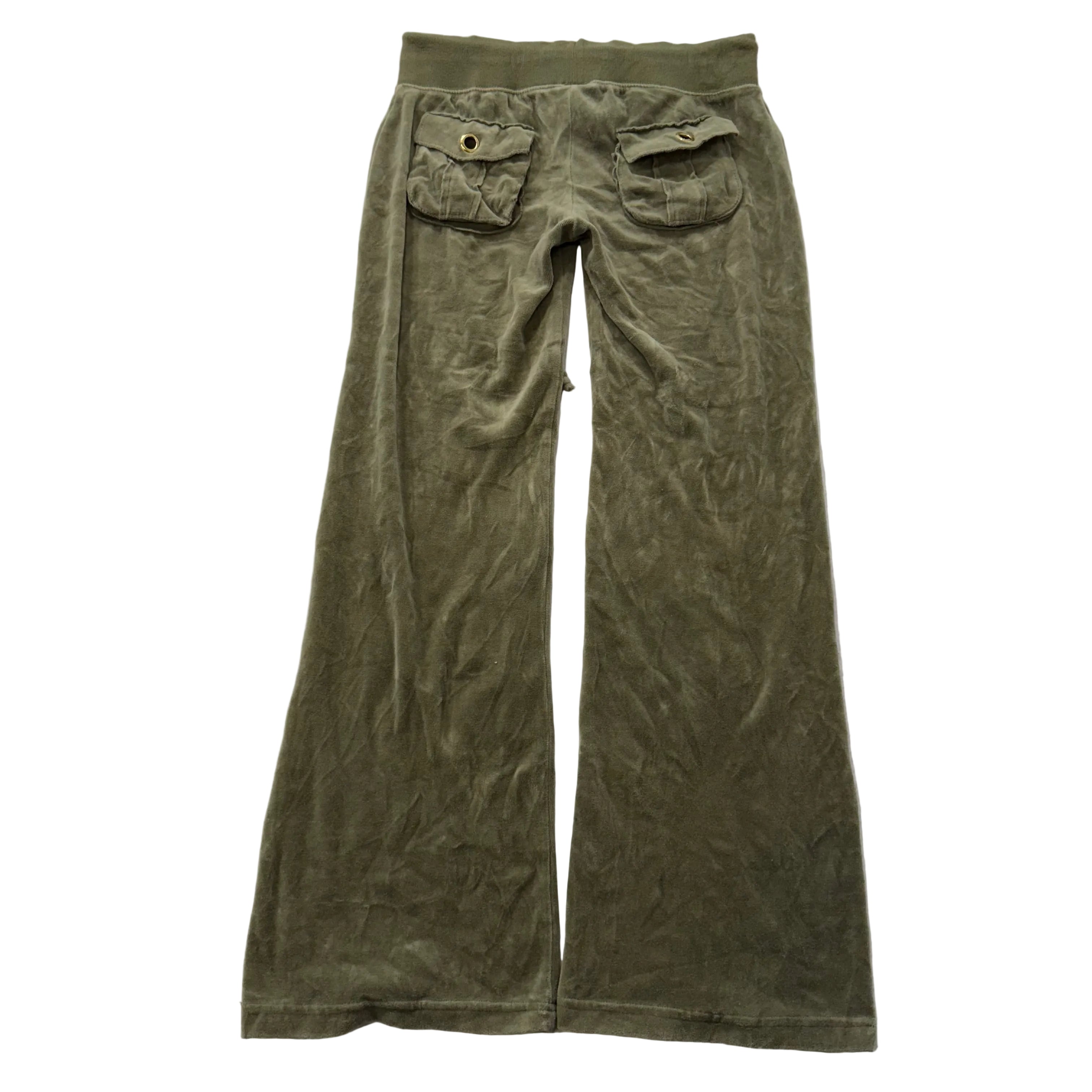 Vintage Juicy Couture Women's Olive Green Velour Flared Track Pant Pocket Size S