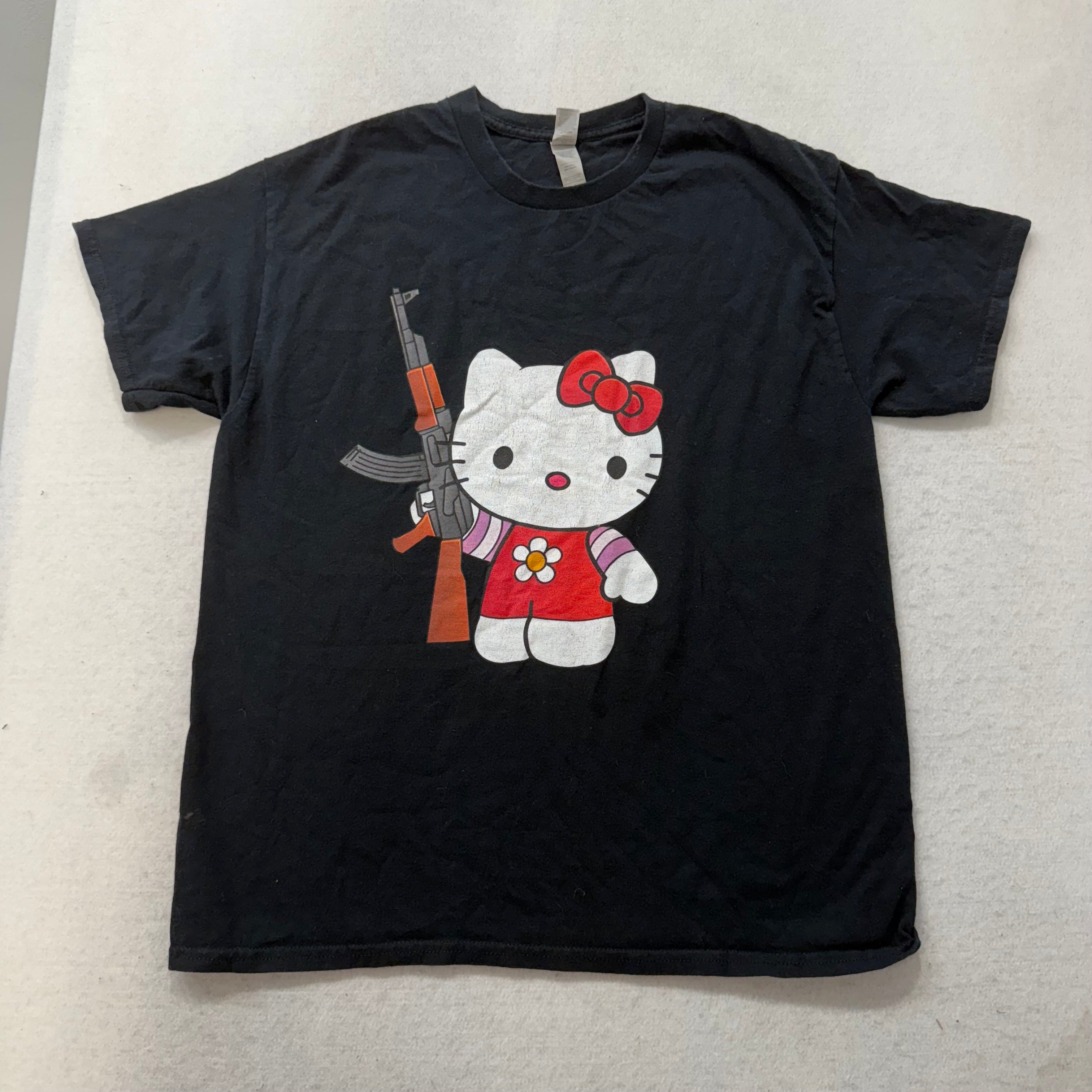 Gildan Hello Kitty AK-47 Women's Black Graphic Print T-Shirt Short Sleeve Size L