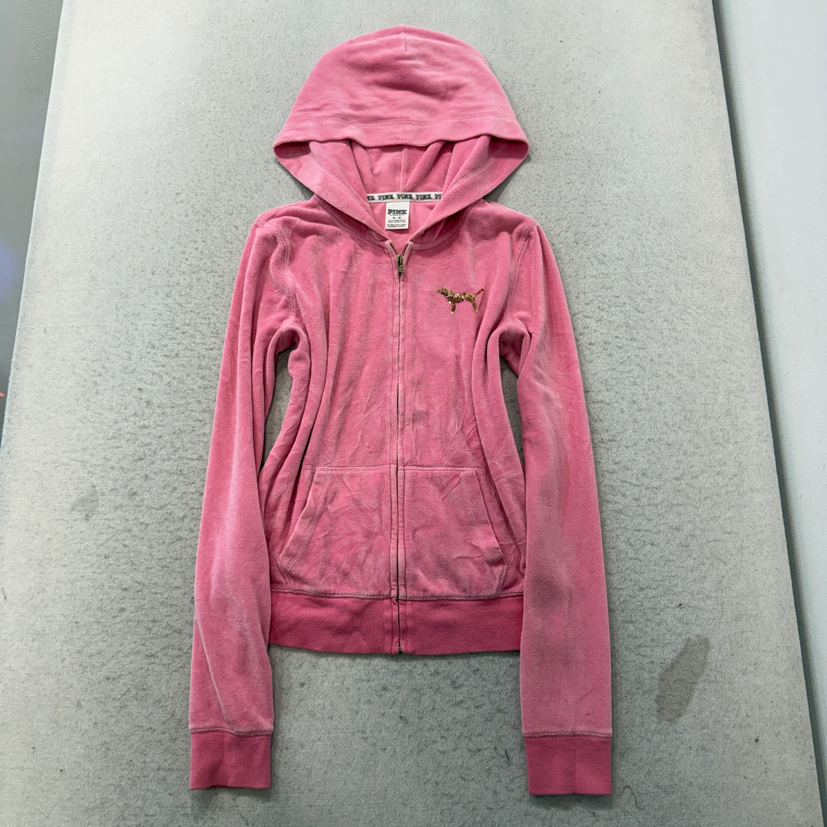 Juicy Couture Women's Pink Velour Zip-Up Hoodie Loungewear Sequin Logo Size M