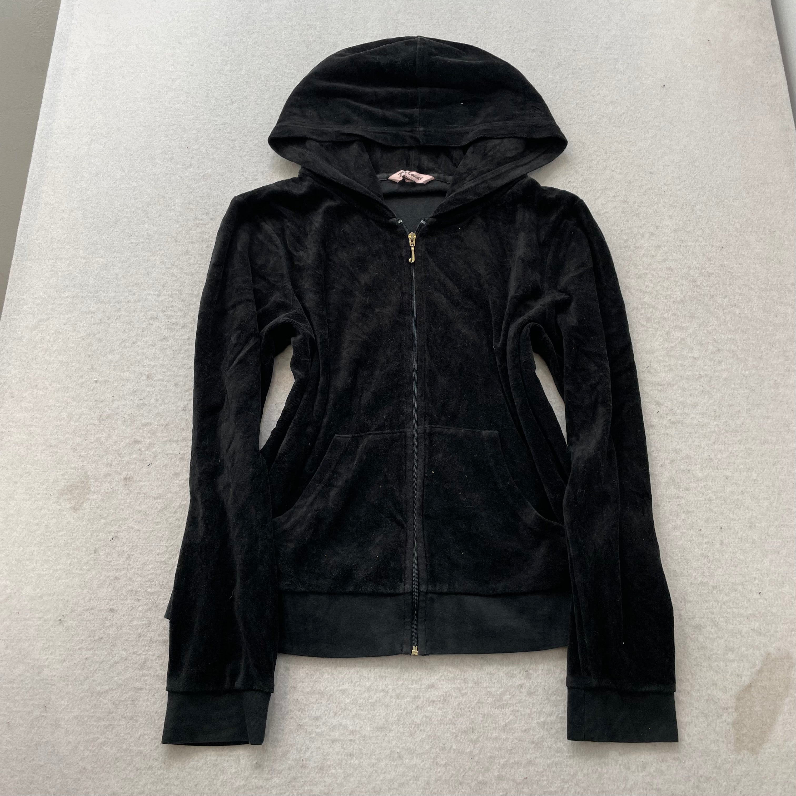 Juicy Couture Women's Black Velour Zip-Up Hoodie Rhinestone 