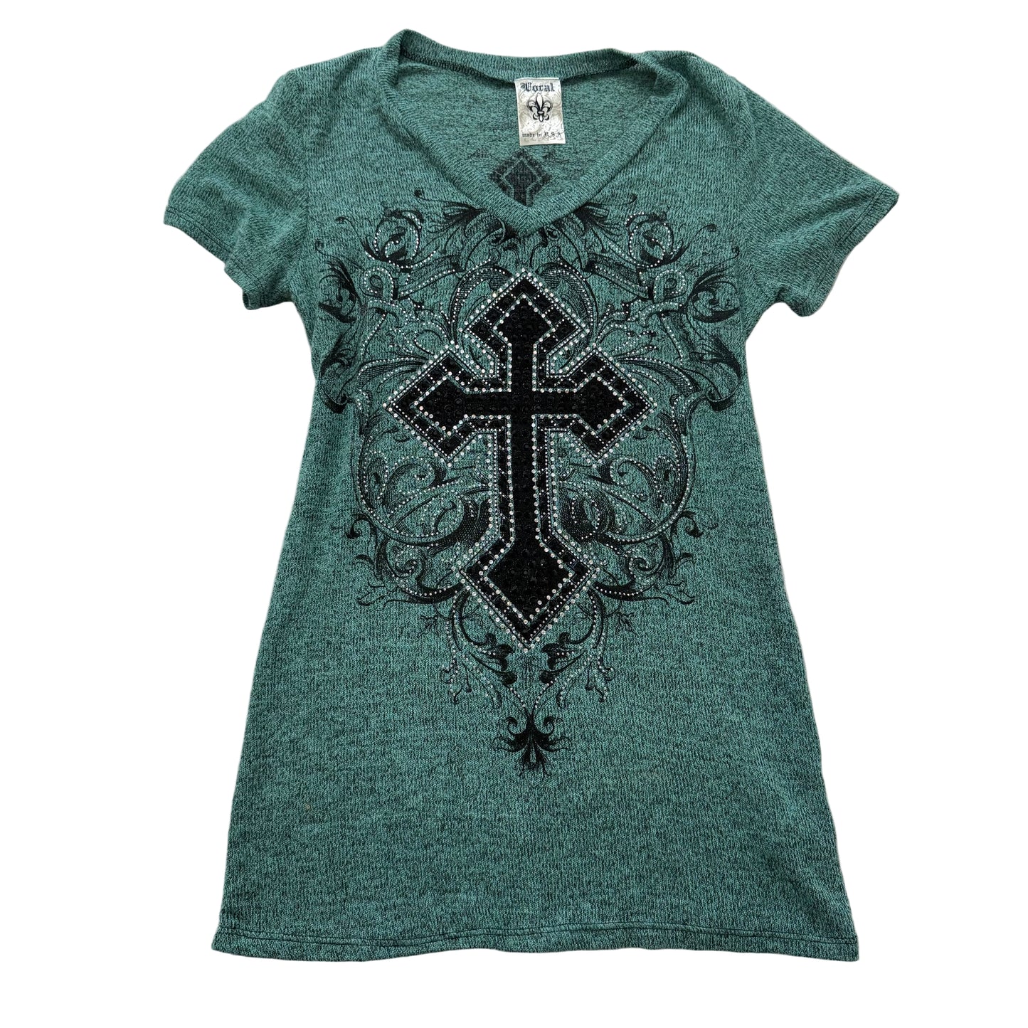 Vocal blue green rhinestone cross graphic stretch top size Medium - Clean Curriculums 