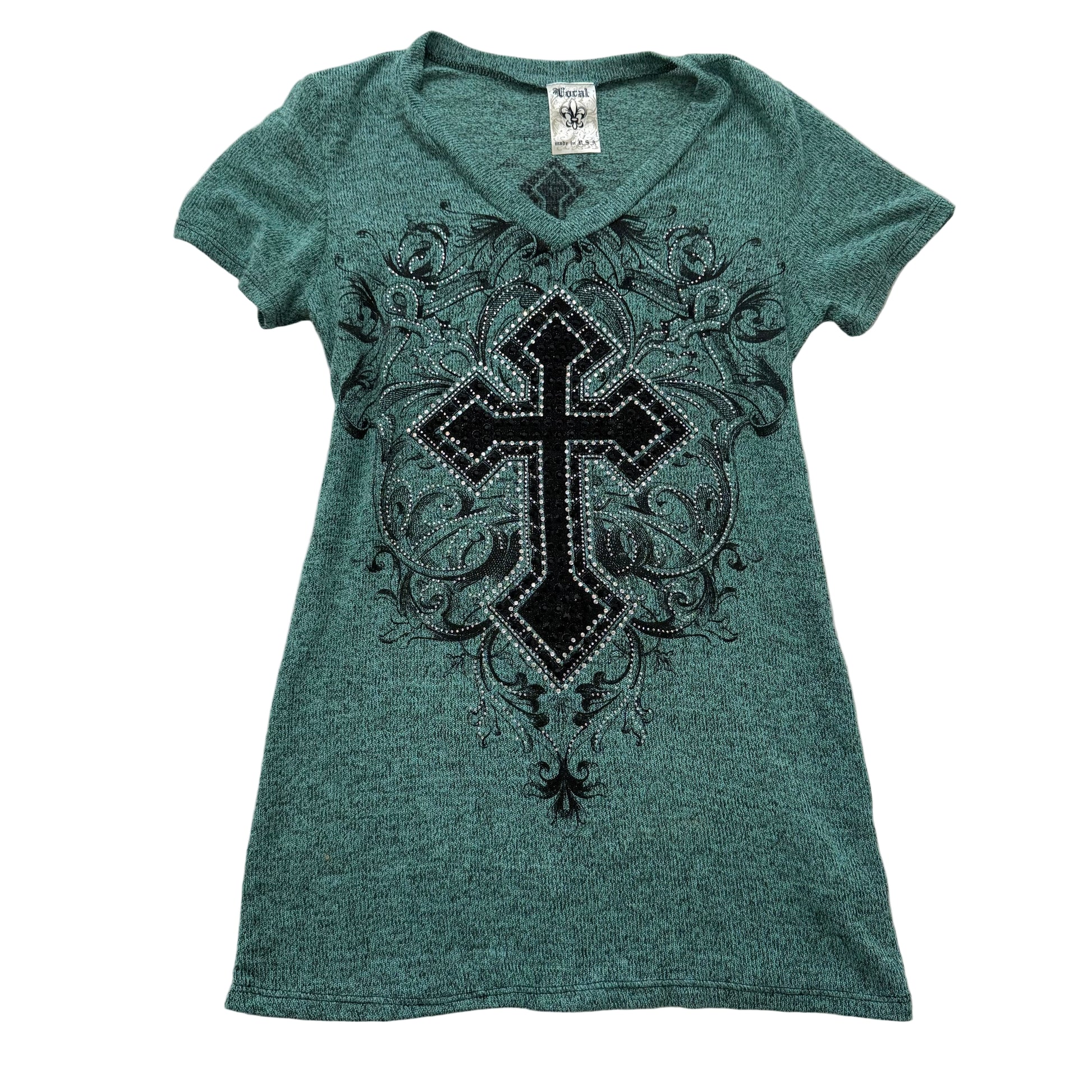 Vocal blue green rhinestone cross graphic stretch top size Medium - Clean Curriculums 