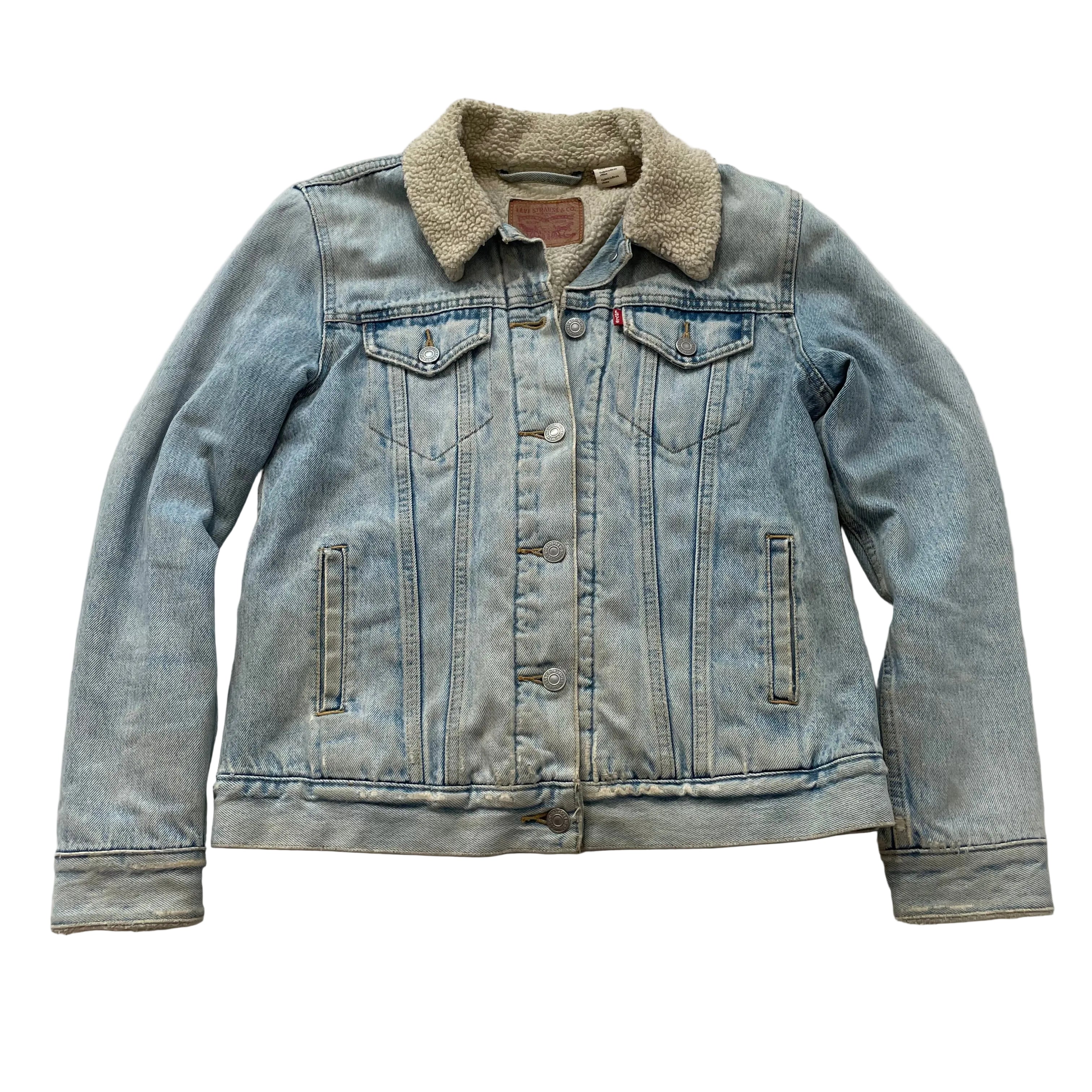 Levi's Women's Blue Light Wash Denim Trucker Jacket Sherpa Lined Pockets Size S