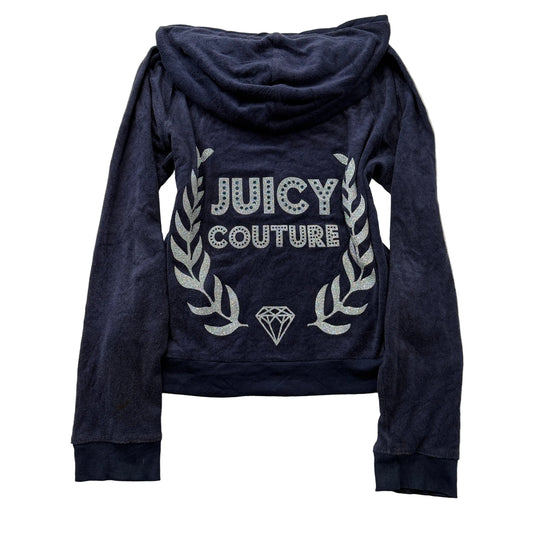 Juicy Couture Womens Navy Blue Terry Cloth Zip-Up Hoodie Pockets Classic Size XL