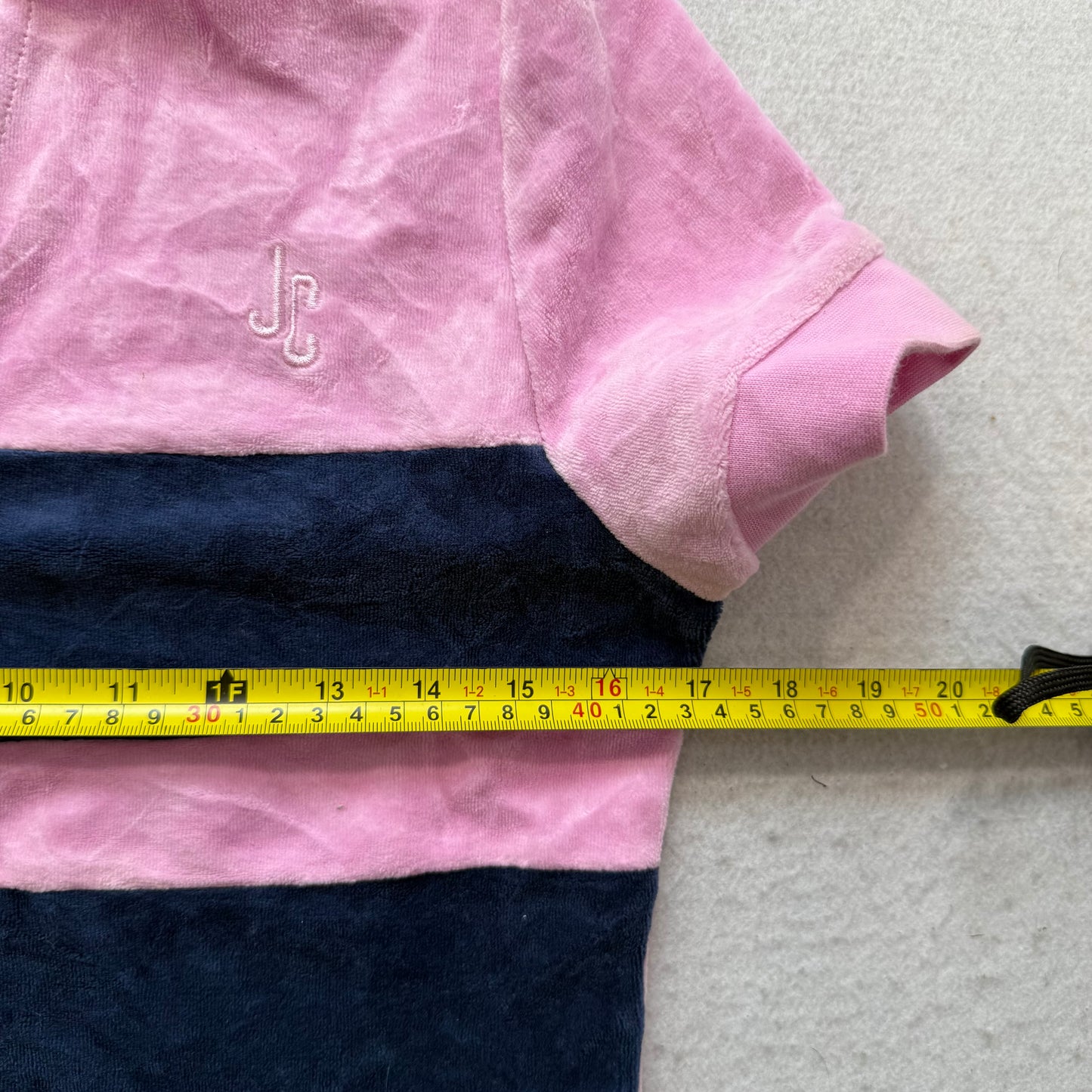 Juicy Couture Women's Pink Blue Striped Velour Blouse Top Full Zip Short Sleeve