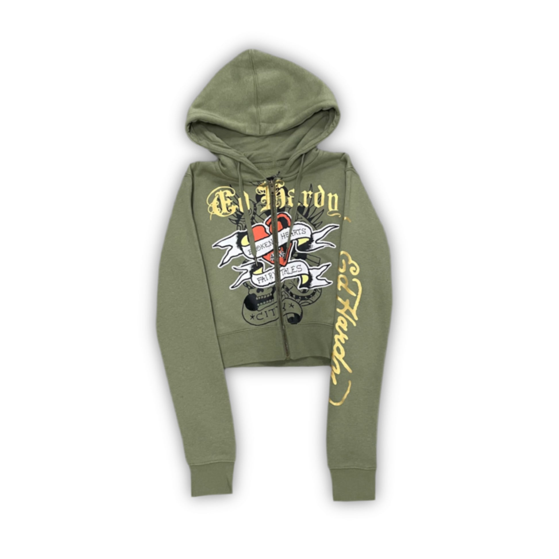 ED HARDY “Broke Hearts” SAGE CROPPED ZIP UP HOODIE - Clean Curriculums 