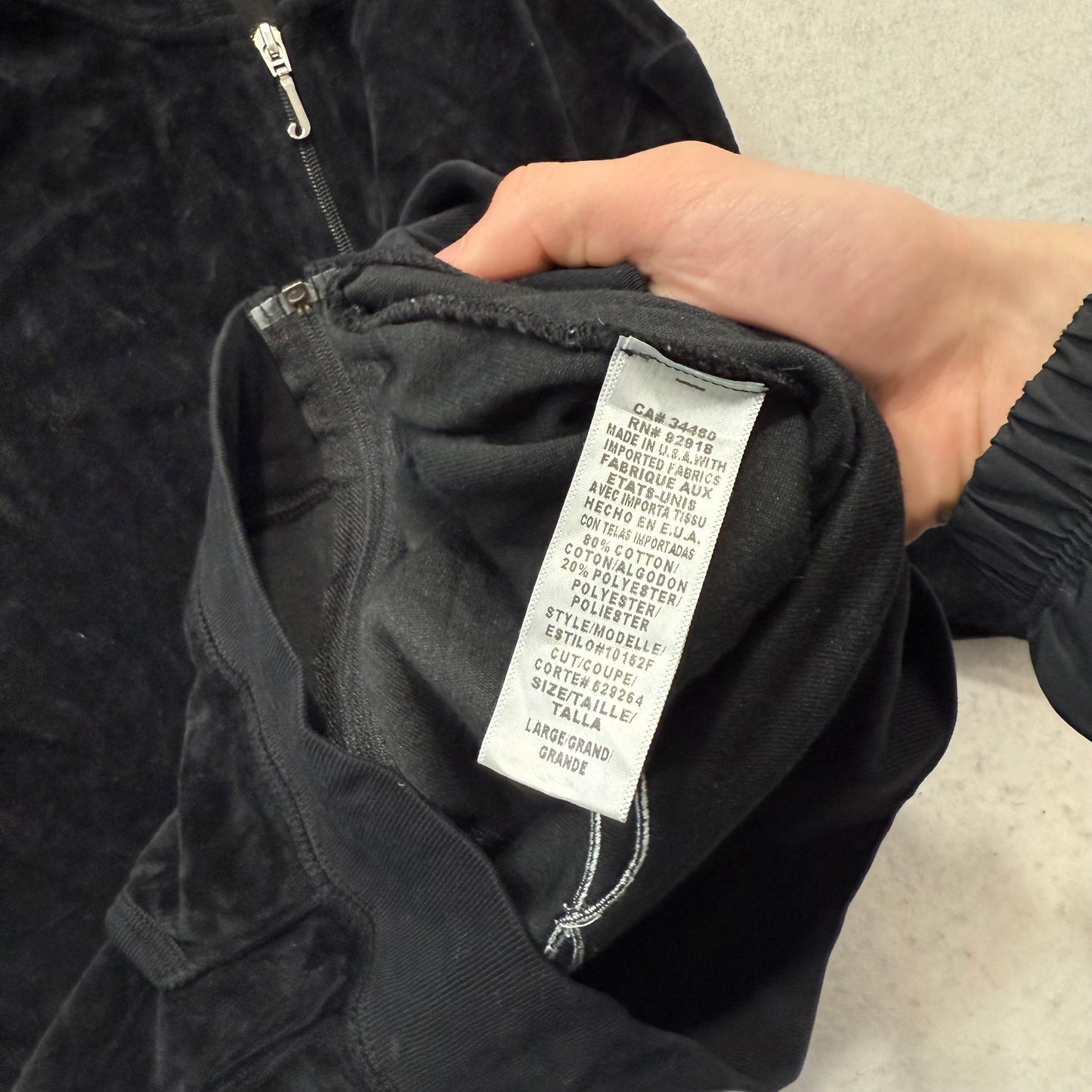 Juicy Couture Black Velour Tracksuit Set Zip Up Hoodie & Flared Pant Logo Size L