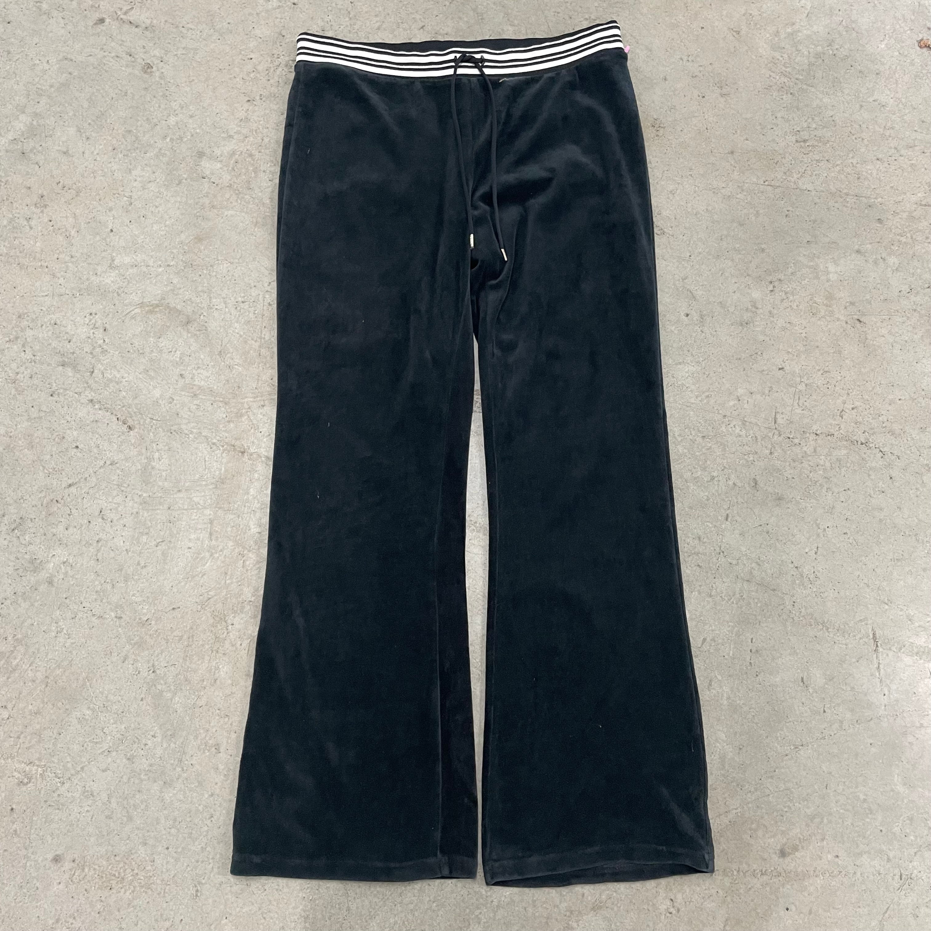 Vintage Juicy Couture Black Velour Flared Pants with Striped Waistband Size L