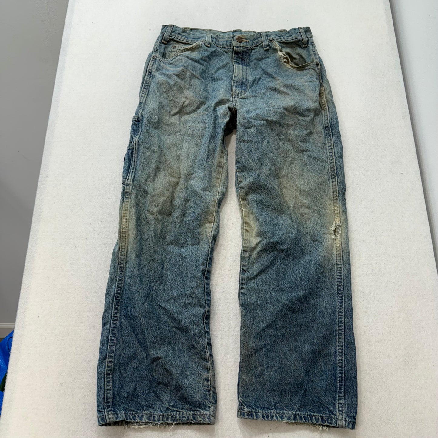 Dickies Men's Medium Blue Denim Carpenter Jeans Utility Pockets Logo Size 34