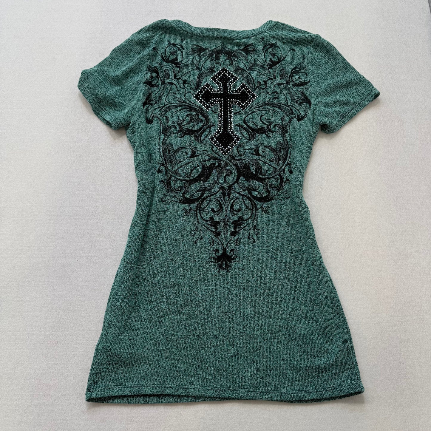 Vocal blue green rhinestone cross graphic stretch top size Medium - Clean Curriculums 
