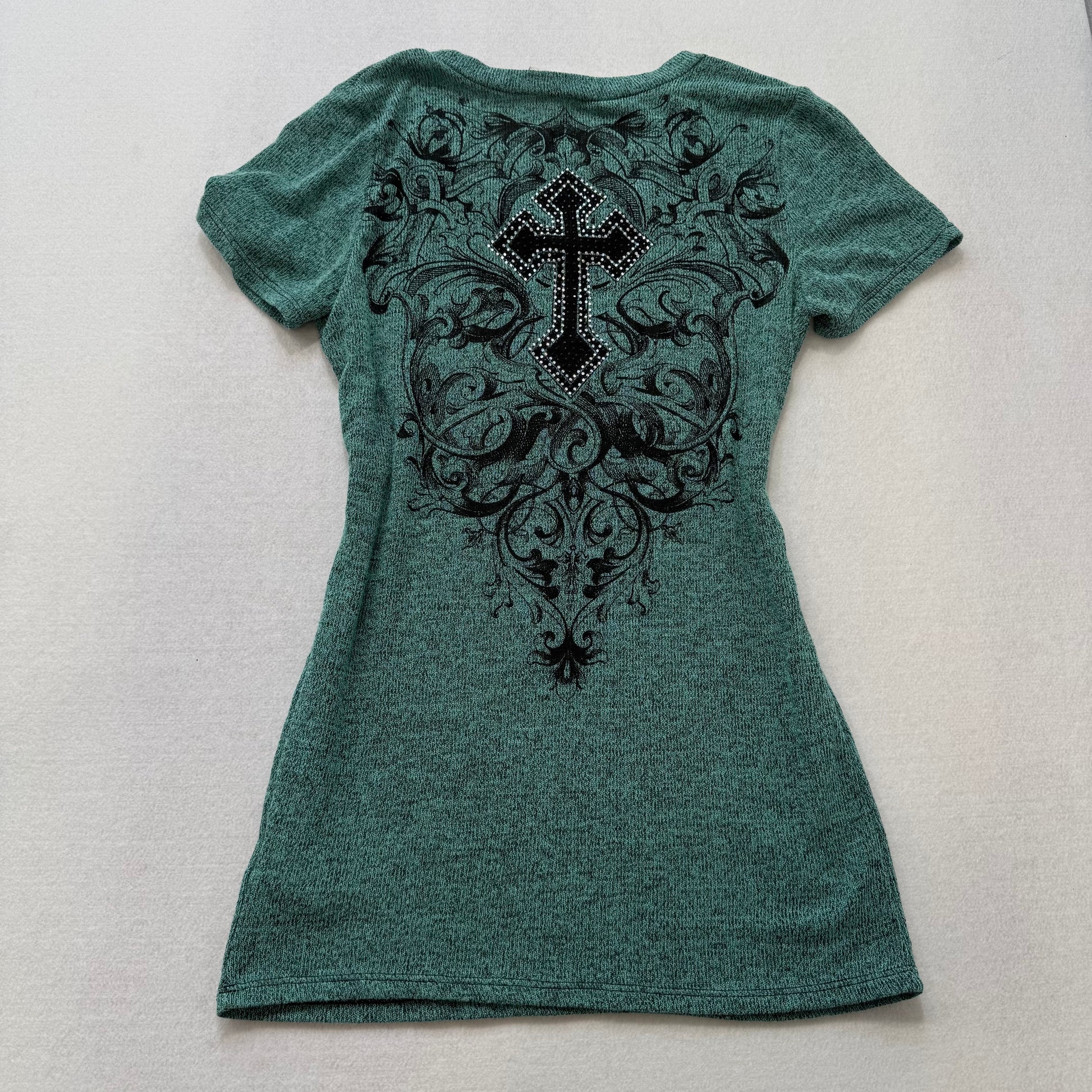 Vocal blue green rhinestone cross graphic stretch top size Medium - Clean Curriculums 