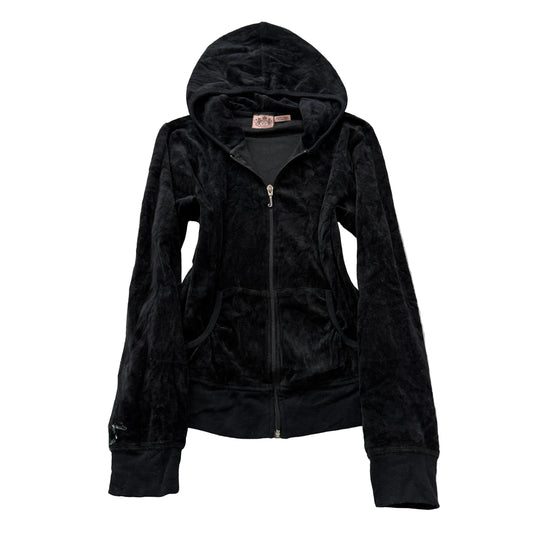 Juicy Couture Women Black Velour Zip-Up Hoodie Pockets Loungewear Classic Size M