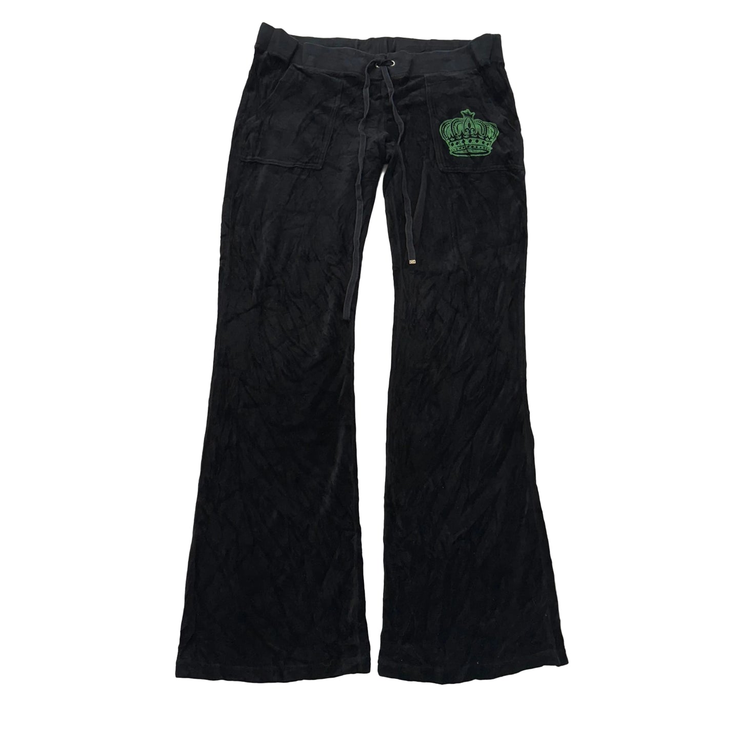 Vintage Juicy Couture Women's Black Velour Flared Track Pants Snap Pocket Size L