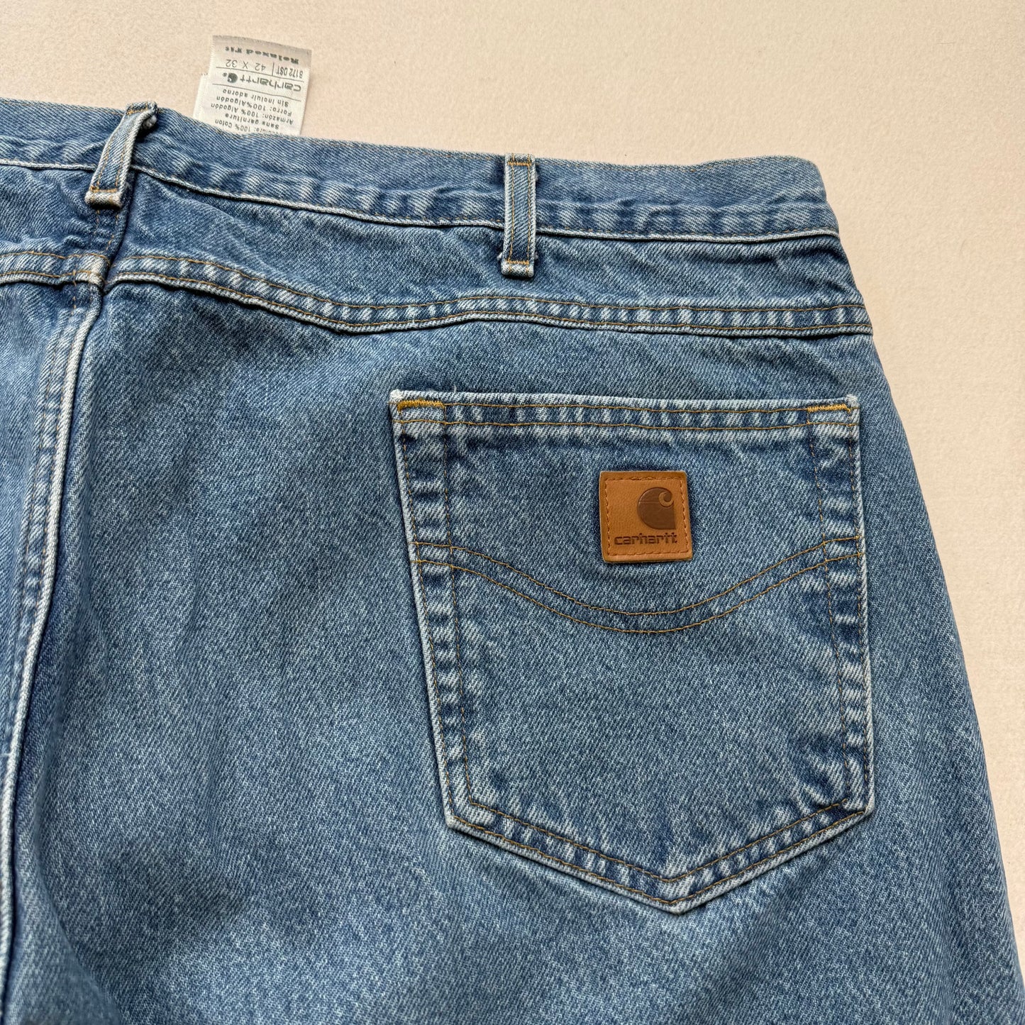 Carhartt Relaxed Fit Blue Denim Jeans Straight Leg Logo Patch Checkered Pocket Lining Size 42x32