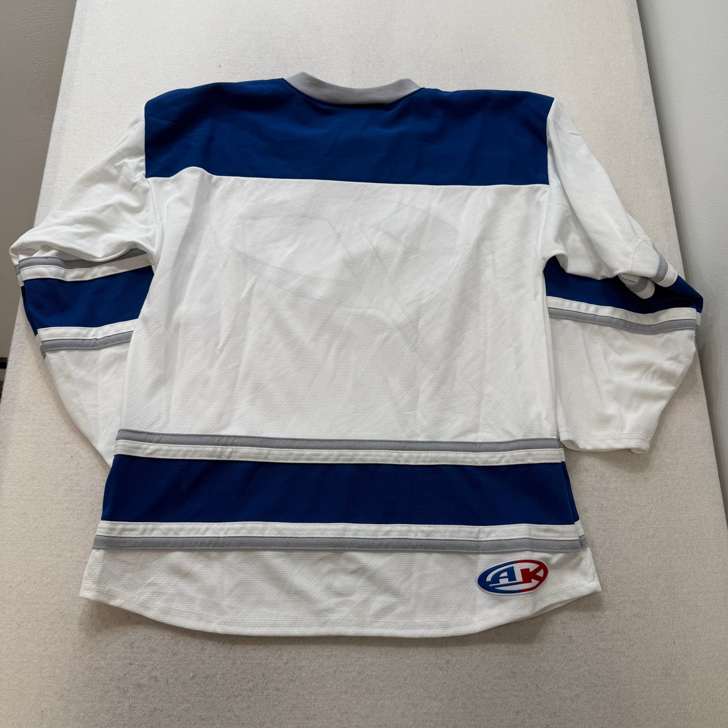 Athletic Knit Men's White Blue Striped Polyester Mesh Hockey Jersey Logo Size L