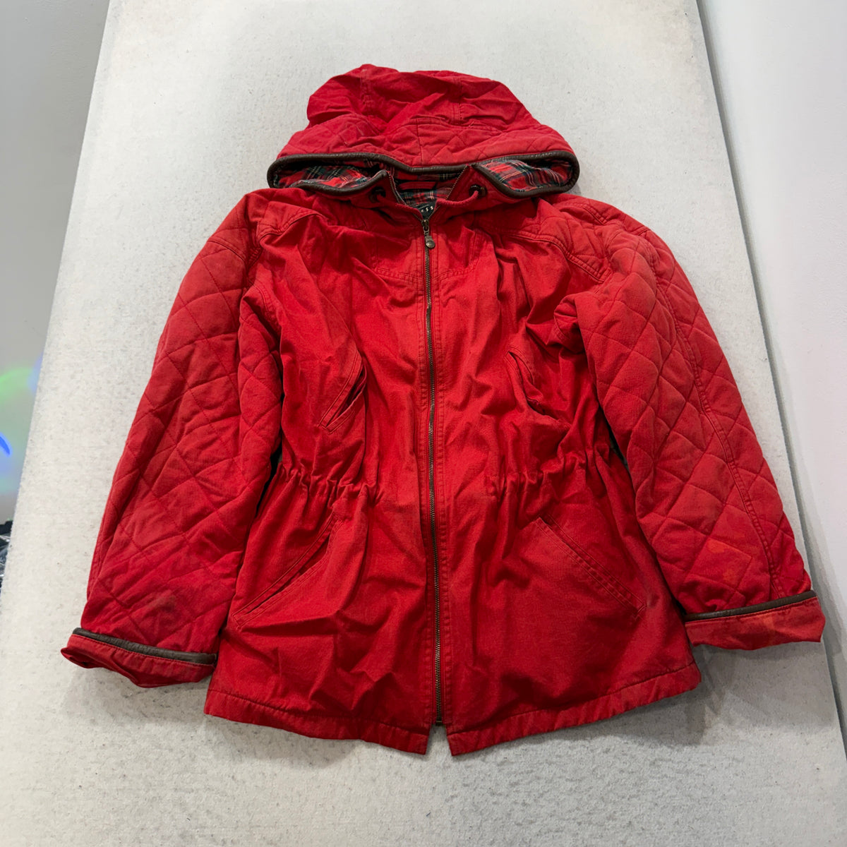 Express Quilted Hooded Jacket Plaid Lined Red Size S photo 1