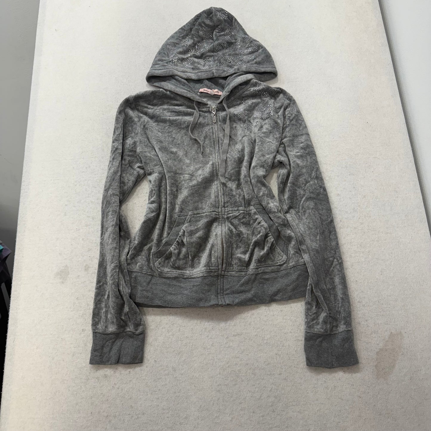 Juicy Couture Womens Gray Velour Zip-Up Hoodie Drawstring Pockets Classic Size L