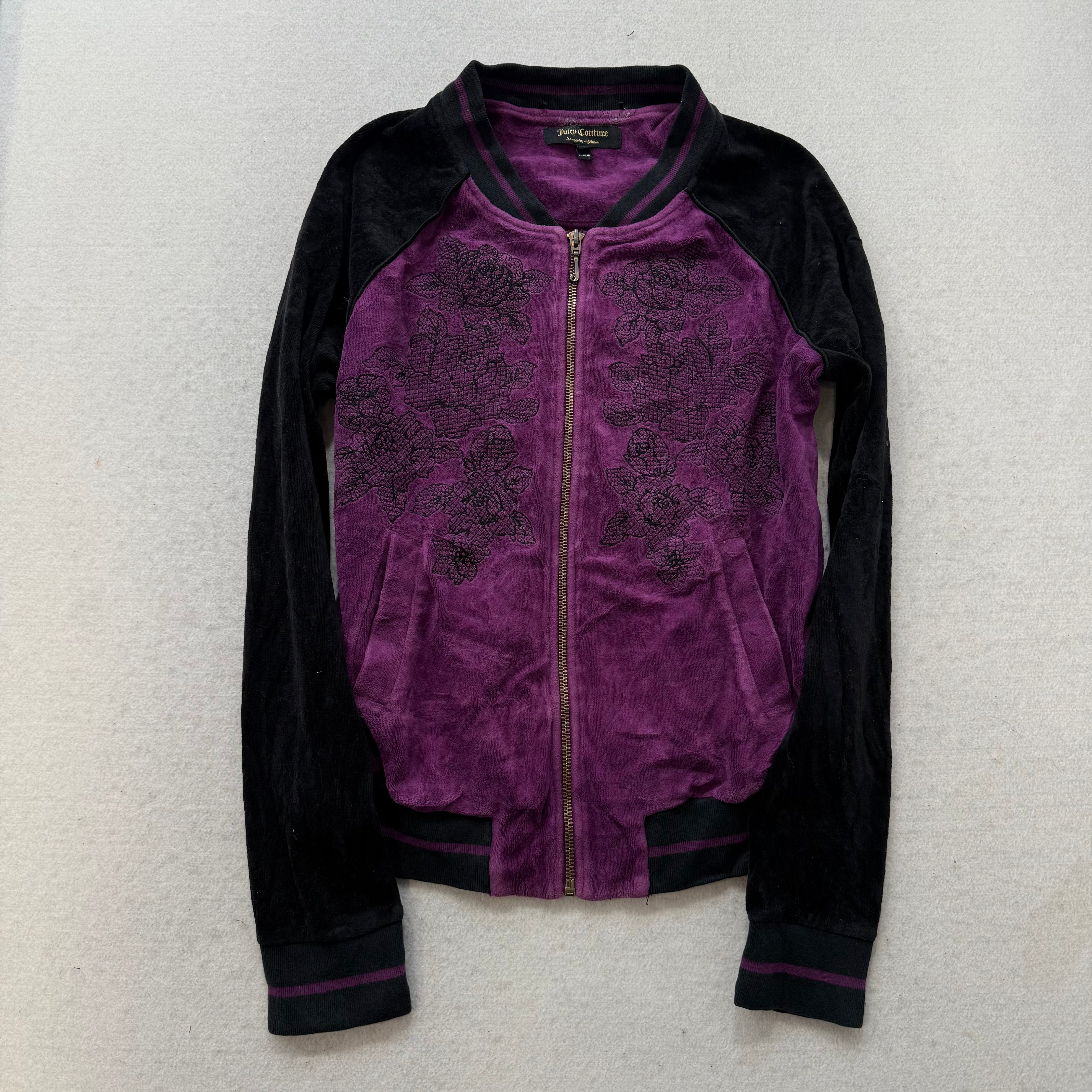 Juicy Couture Plum Black Velour Tracksuit Set Zip Up Hoodie & Flared Pant Size S