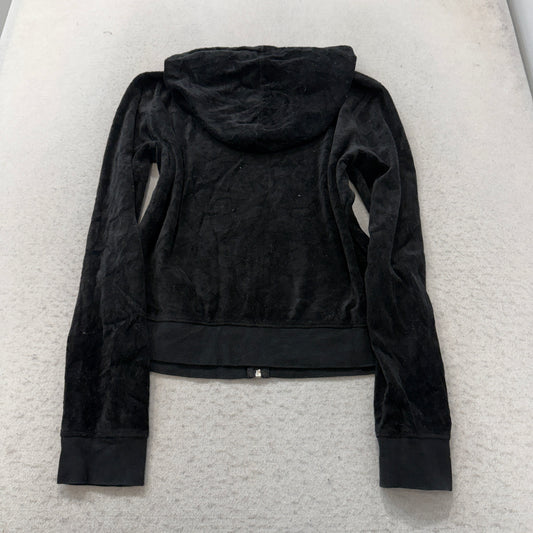 Juicy Couture Women's Black Velour Zip-Up Hoodie Loungewear Pockets Y2K Size XL