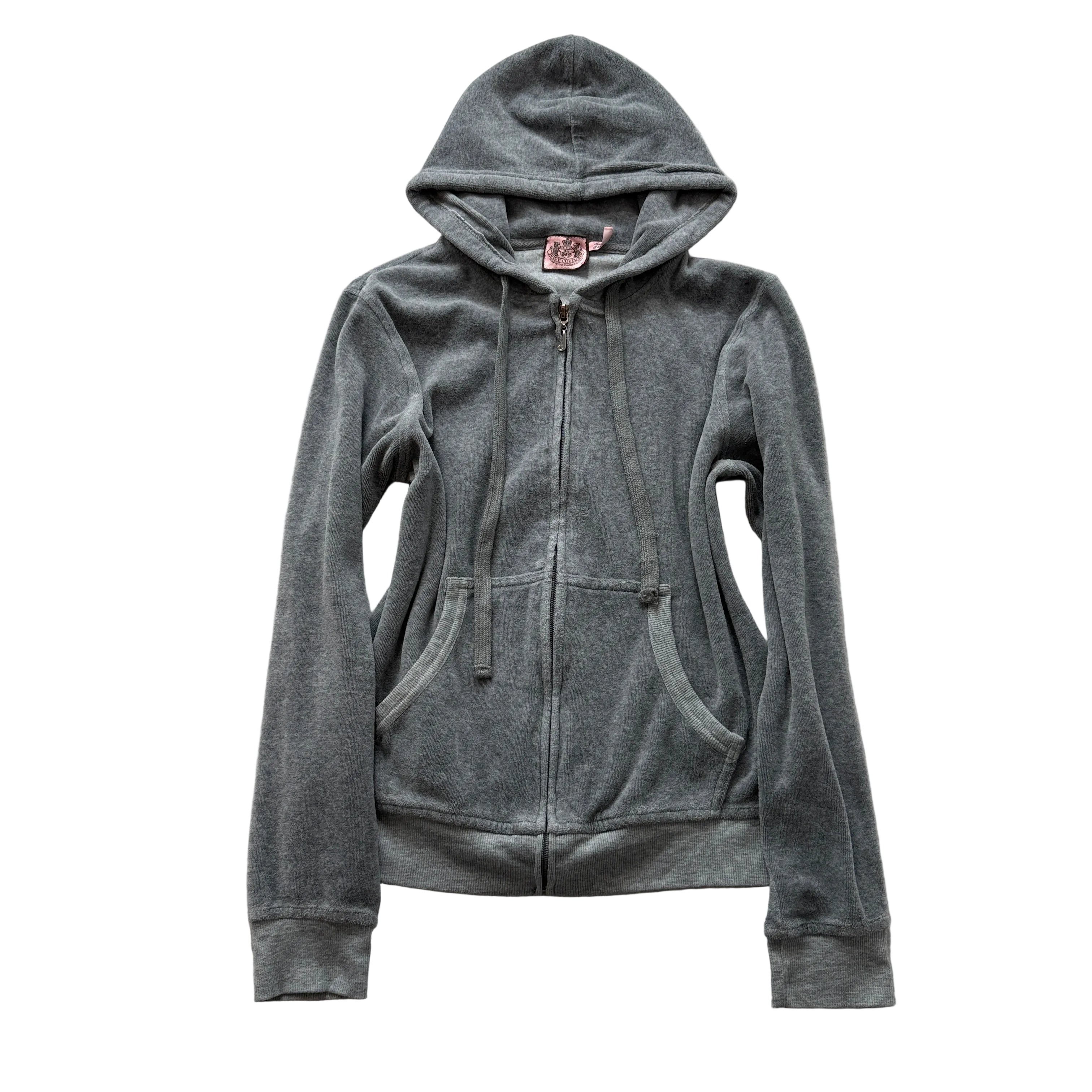 Juicy Couture Women's Grey Velour Zip-Up Hoodie Drawstring Pockets Y2K Size M