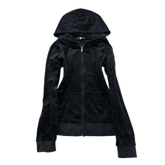 Juicy Couture Women Black Velour Zip-Up Hoodie Pockets Loungewear Classic Size M