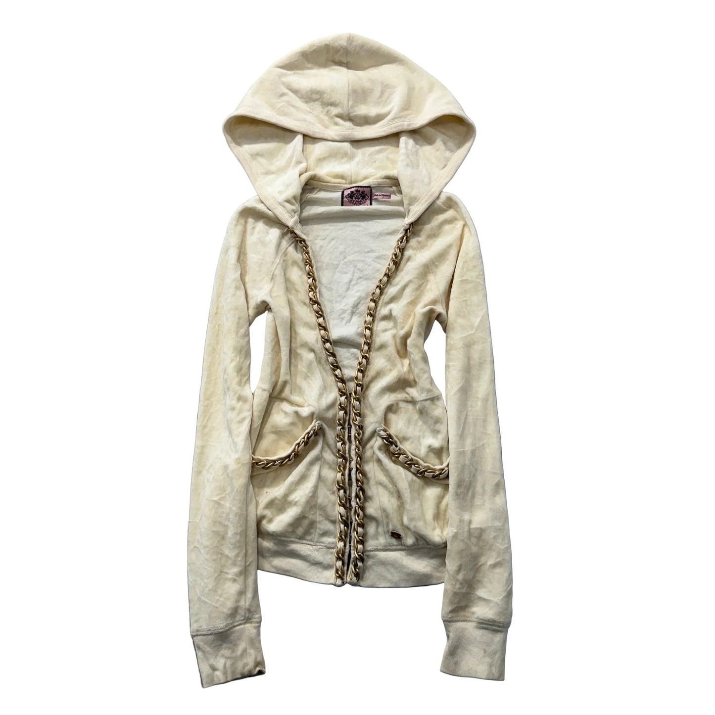 Juicy Couture Women's Cream Velour Zip-Up Hoodie Pockets Gold Chain Trim Size P