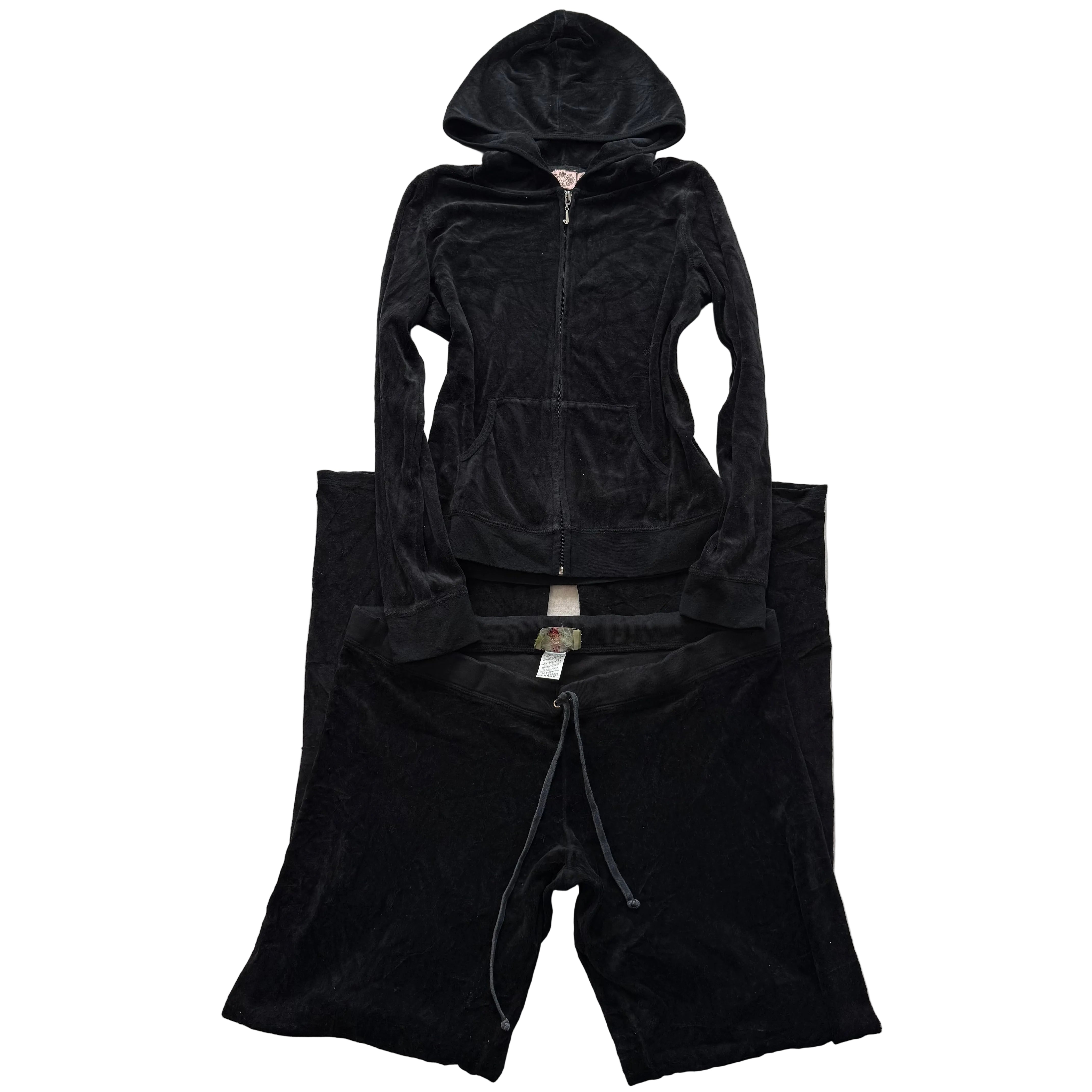 Vintage Juicy Couture Black Velour Tracksuit Set Zip-Up Hoodie & Pant Y2k Size L