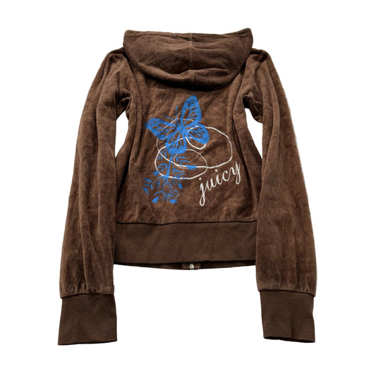 Vintage Juicy Couture Womens Brown Velour Zip-Up Hoodie Butterfly Graphic Size S