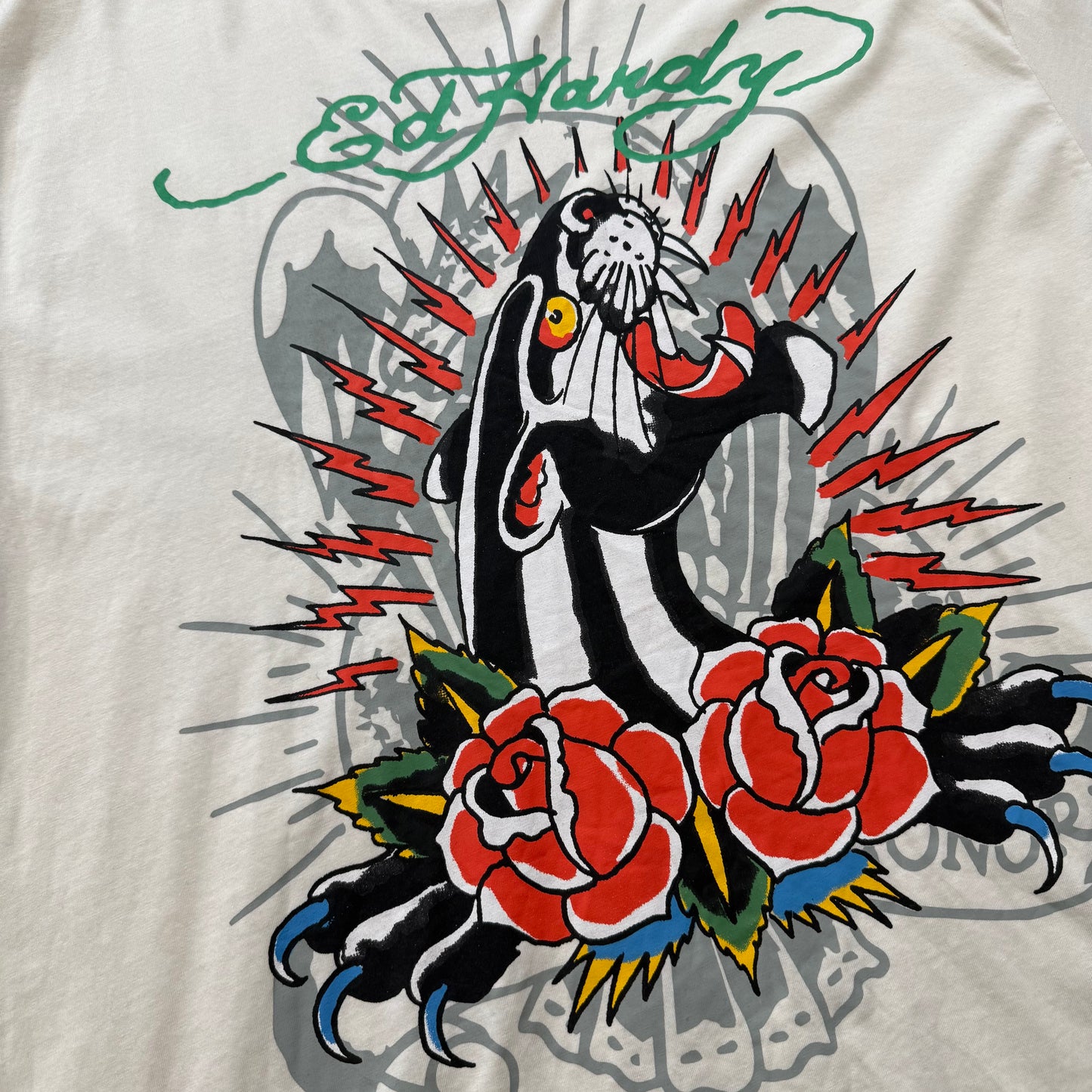 Ed Hardy Men White Cotton T-Shirt Short Sleeve Black Panther Graphic Tee Size XL