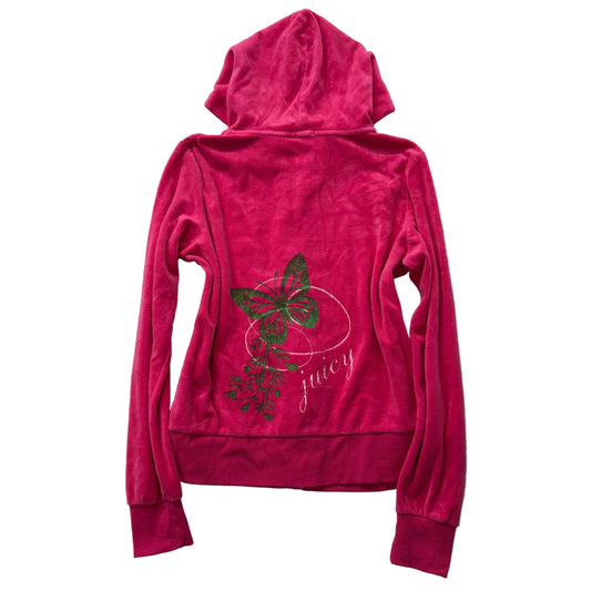 Vintage Juicy Couture Women's Hot Pink Velour Zip Up Hoodie Graphic Logo Size L