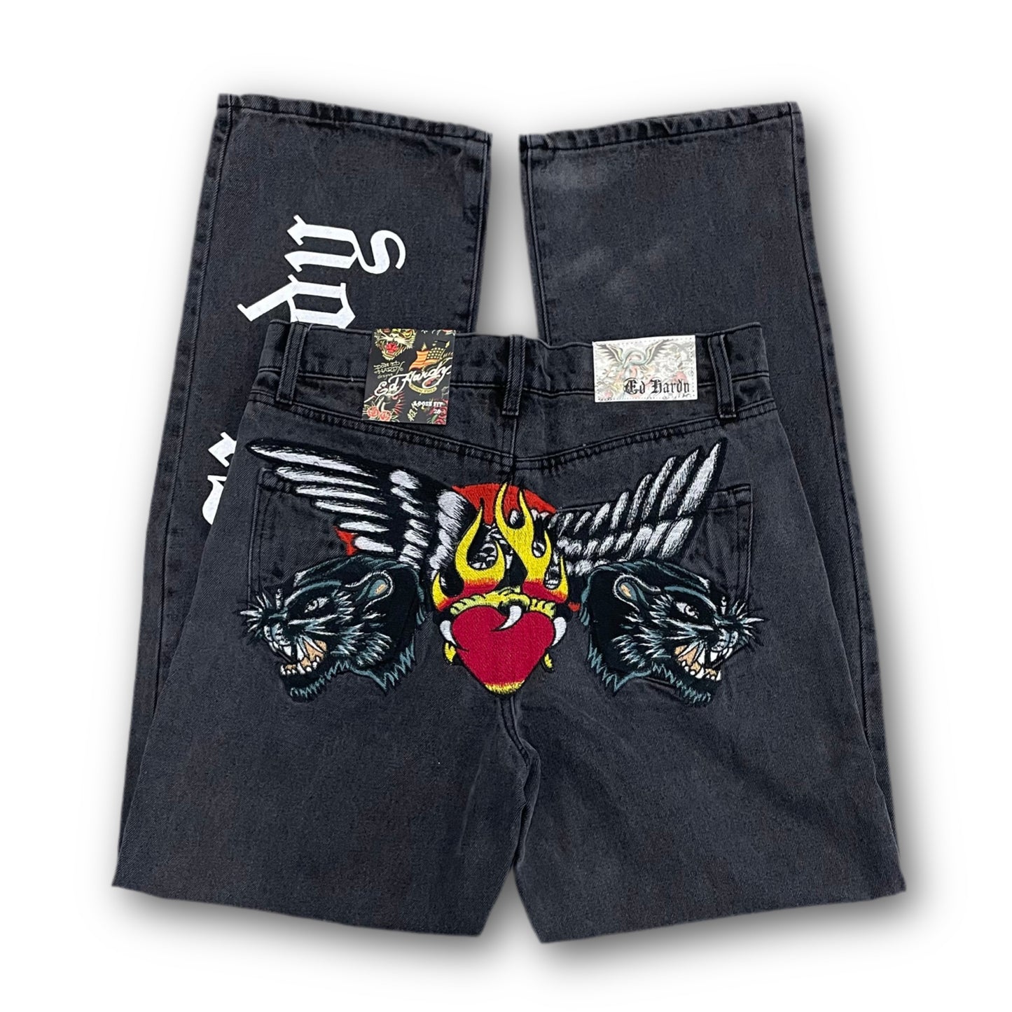 ED HARDY “Panther Wings” EMBROIDERED BLACK STRAIGHT LEG JEANS - Clean Curriculums 
