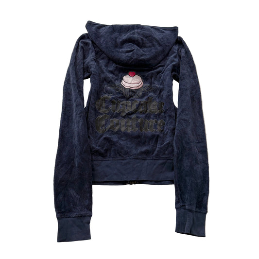 Vintage Juicy Couture Cupcake Couture Women's Navy Blue Velour Zip-Up Hoodie - S